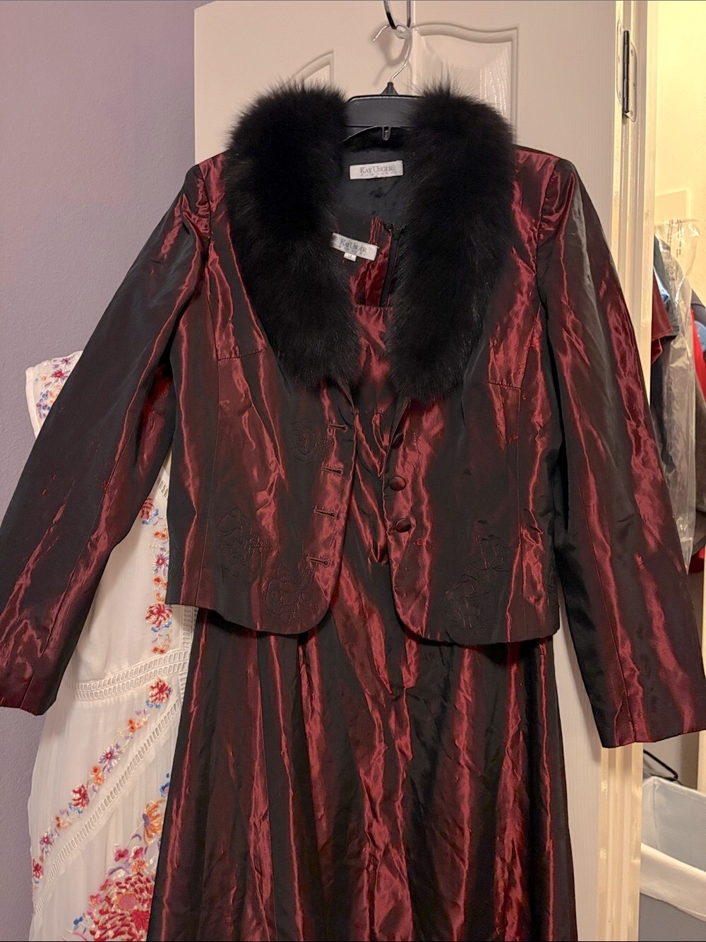 Kay Unger Burgundy Satin A-Line Evening Dress with Jacket